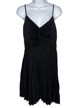 Express Satin Cocktail Mini Dress Size M Black V-neck Accordion Pleated